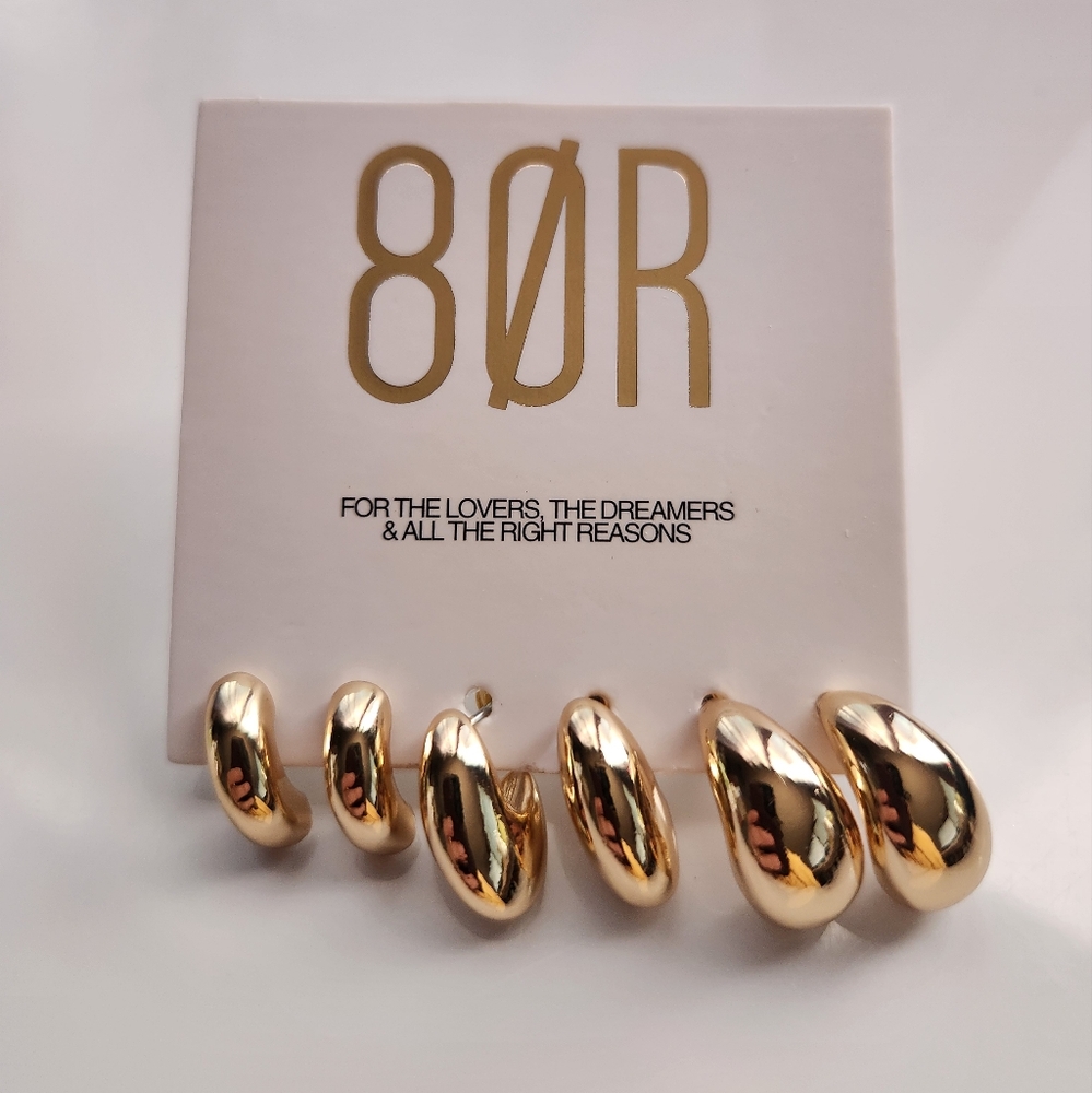 8 Other Reasons Gold Plated Post Back Half Moon ~ 3 Pair Earrings Set ~ New